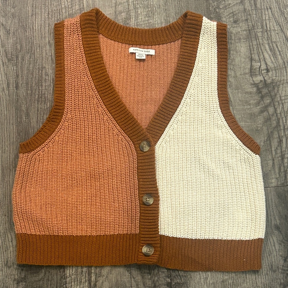 American Eagle Sz M Preppy Mom Sweater Vest V-Neck Button Neutral Colorblock Top